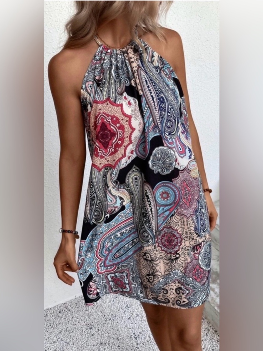 Blue Paisley Halter Mini Dress Sz Medium NWT! - Picture 2 of 5